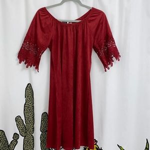 Burgundy suede dress with lace sleeves